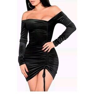 Womens Velvet Bodycon Ruched Sexy Off Shoulder Bodycon Holiday Dress - Size 2Xl